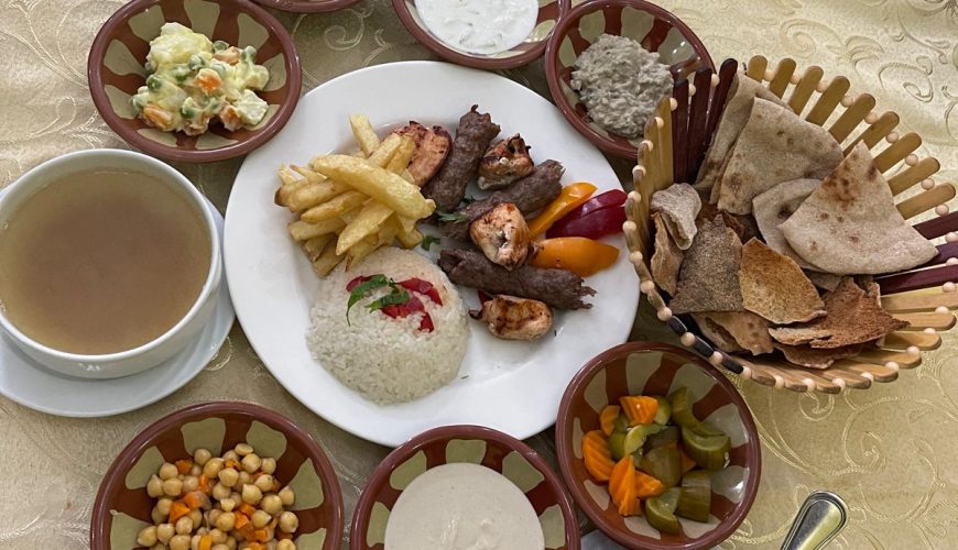 Egyptian food meal of Kofta and Baba Ghanoush